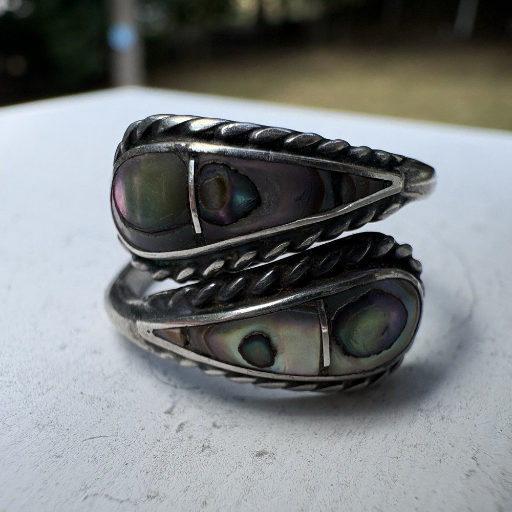 Taxco Mexico 925 Sterling Silver Abalone Shell Bypass Wrap Ring Adjustable Vtg
